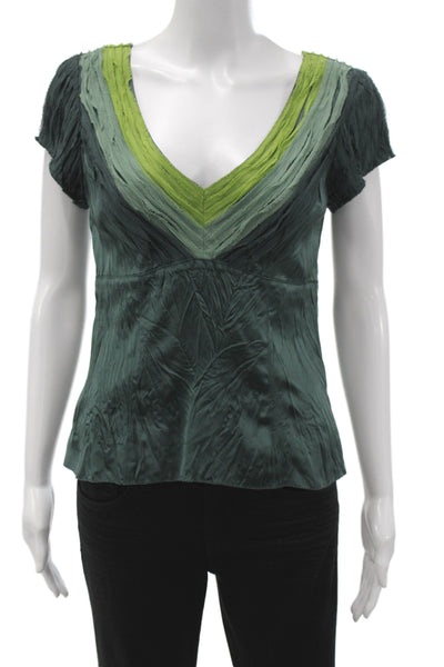 Tree Women Basic Green Silk V-Neck Sleeveless Blouse Size M