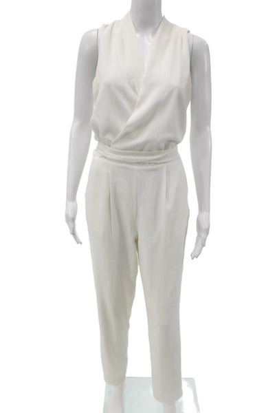 Adelyn Rae Womens White V-Neck Sleeveless Jumpsuit Button Size S