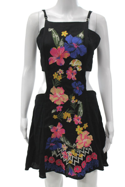 Farm Rio Women Mini Floral Dress Black Square Neck Size S