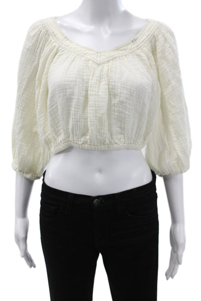 Free People Womens Cropped Boho Ivory V-Neck 3/4 Sleeve Cotton Blouse Size XS