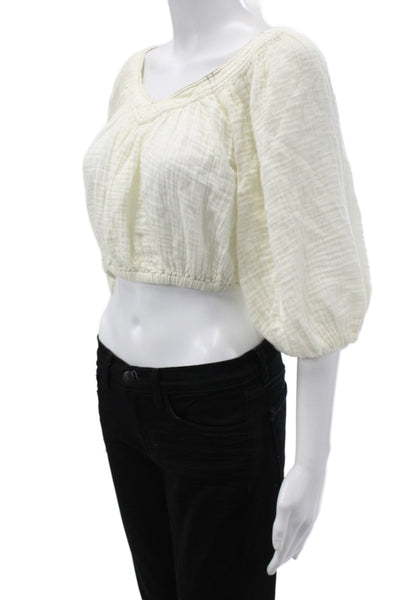 Free People Womens Cropped Boho Ivory V-Neck 3/4 Sleeve Cotton Blouse Size XS