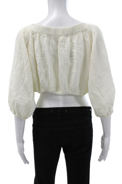 Free People Womens Cropped Boho Ivory V-Neck 3/4 Sleeve Cotton Blouse Size XS