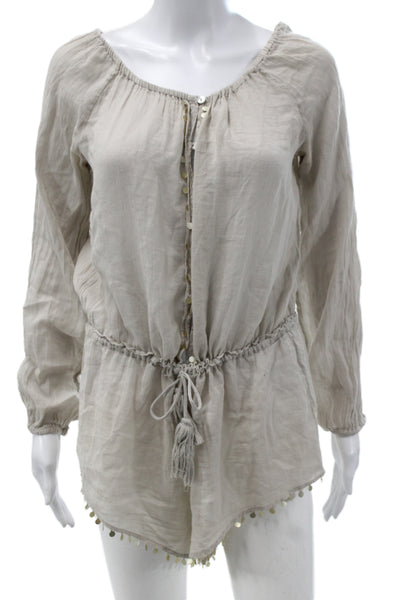 Love Shack Fancy Women Tunic Blouse Beige Scoop Neck Long Sleeve Cotton Size S