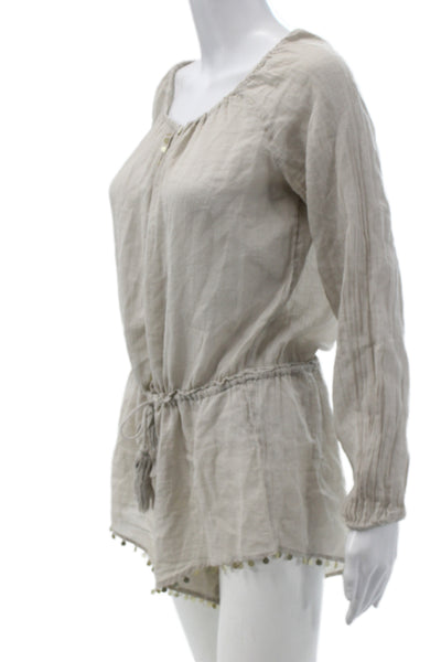 Love Shack Fancy Women Tunic Blouse Beige Scoop Neck Long Sleeve Cotton Size S
