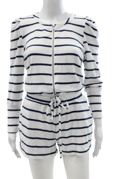 Chaser Women Blue Striped Nautical Romper Long Sleeve Drawstring Size S