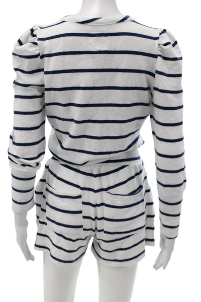 Chaser Women Blue Striped Nautical Romper Long Sleeve Drawstring Size S