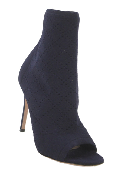 Gianvito Rossi Womens Knit Open Toe Stiletto Heel Boots Navy Blue Size 8.5