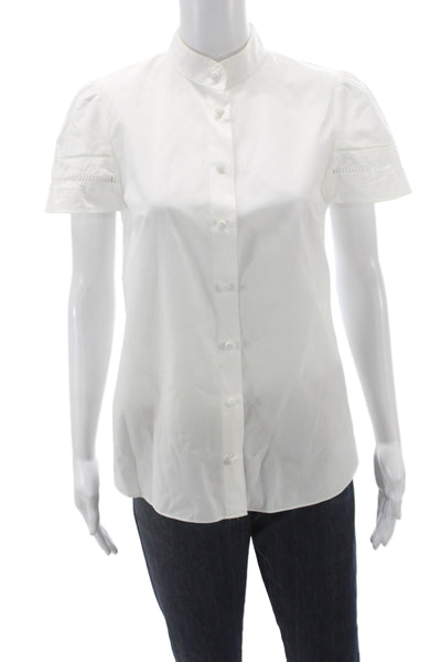 Charlotte Brody Women White Cotton High Neck Short Sleeve Blouse Button Size S