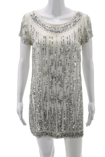 French Connection Women Shift Dress Ivory Scoop Neck Short Sleeve Size 2