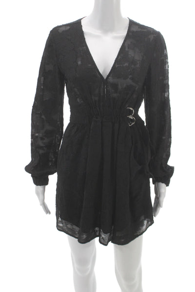 ALC Womens Mini Floral V Neck Long Sleeve Black Dress Size 2