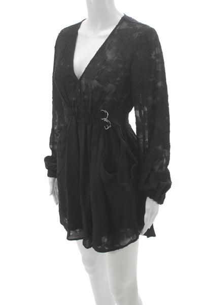 ALC Womens Mini Floral V Neck Long Sleeve Black Dress Size 2