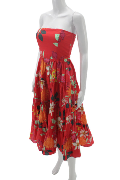 Cara Cara Womens Red Floral Off Shoulder Cotton Sundress Mid Calf Zip Size 2