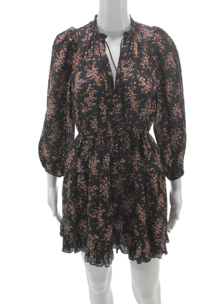 Ulla Johnson Womens Mini Black V-Neck Long Sleeve Bohemian Cotton Dress Size 2