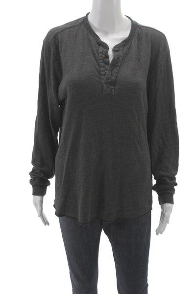 Marine Layer Unisex Adults Basic Gray Button Henley Long Sleeve T-Shirt Size L