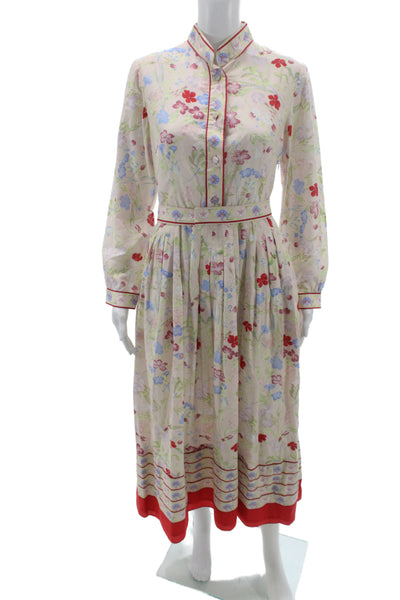 Luisa Beccaria Women Beige Floral Cotton Collar Shirt Dress Long Sleeve Size 42