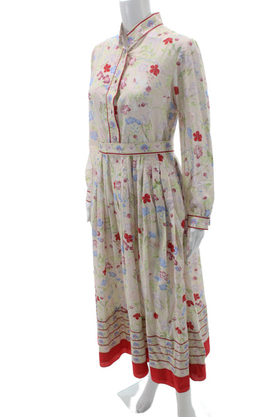 Luisa Beccaria Women Beige Floral Cotton Collar Shirt Dress Long Sleeve Size 42