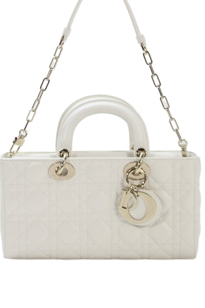 Christian Dior Womens Lady D-Joy Cannage Stitching Charm Bag Handbag White