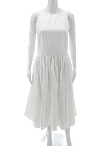 J Crew Womens Fit & Flare Midi Dress White Cotton Zip Roundneck Sleeveless Size