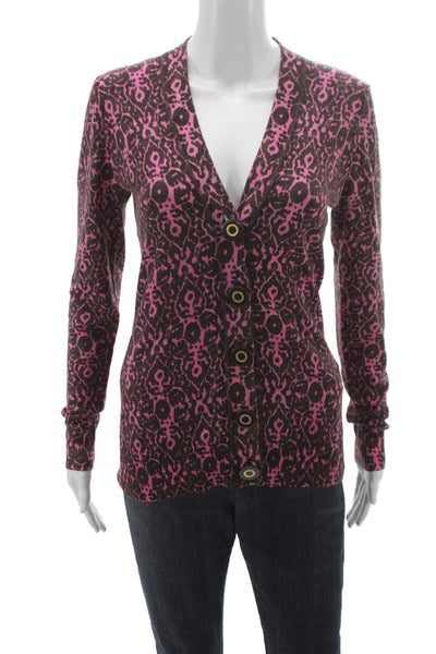 Tory Burch Women Brown Merino Wool V-Neck Animal Print Cardigan Size S
