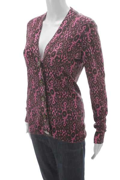 Tory Burch Women Brown Merino Wool V-Neck Animal Print Cardigan Size S