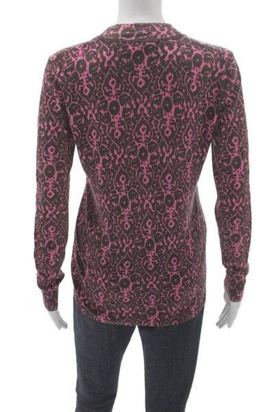 Tory Burch Women Brown Merino Wool V-Neck Animal Print Cardigan Size S