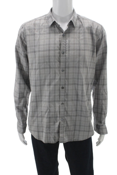 Theory Mens Plaid Collared Long Sleeve Button-Down Shirt Gray Size L