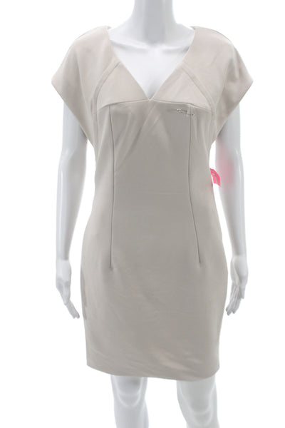 Badgley Mischka Womens Sheath Dress Beige V-Neck Sleeveless Zip Size 4