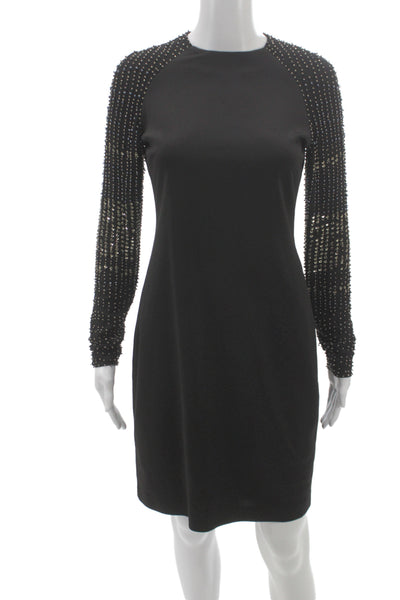Belle Badgley Mischka Womens Sheath Dress Black Long Sleeve Midi Beaded Size 4