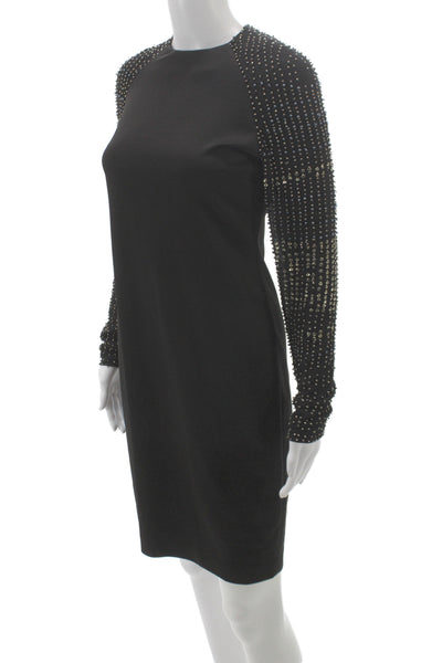 Belle Badgley Mischka Womens Sheath Dress Black Long Sleeve Midi Beaded Size 4