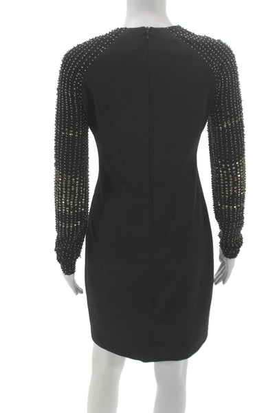 Belle Badgley Mischka Womens Sheath Dress Black Long Sleeve Midi Beaded Size 4