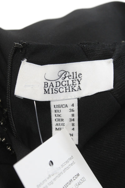 Belle Badgley Mischka Womens Sheath Dress Black Long Sleeve Midi Beaded Size 4