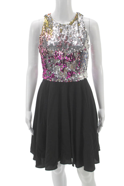 Badgley Mischka Women Fit & Flare Sequin Black Sleeveless Midi Dress Size S