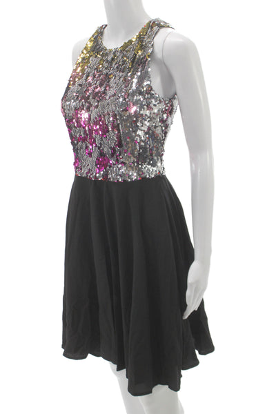 Badgley Mischka Women Fit & Flare Sequin Black Sleeveless Midi Dress Size S
