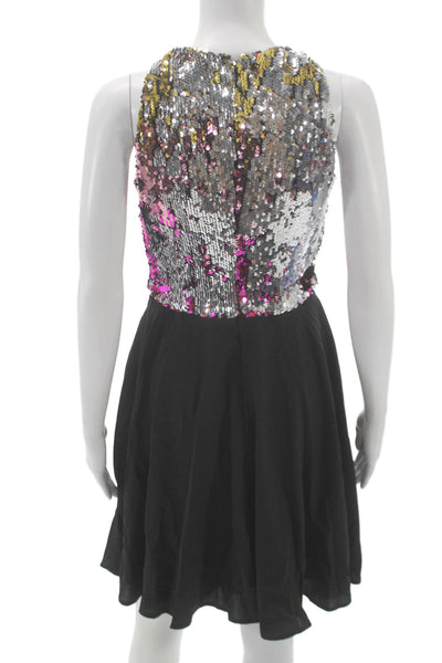 Badgley Mischka Women Fit & Flare Sequin Black Sleeveless Midi Dress Size S