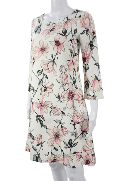 Jane Womens Shift Dress Ivory Sweetheart 3/4 Sleeve Floral Knee Length Size 2