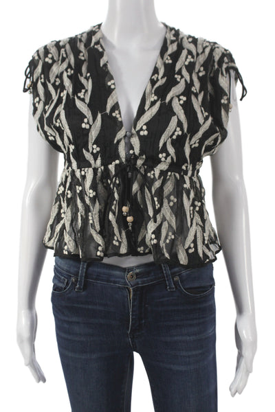 Sabina Musayev Women Cropped Floral V-Neck Short Sleeve Blouse Black Size S