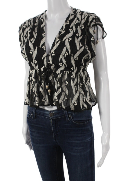 Sabina Musayev Women Cropped Floral V-Neck Short Sleeve Blouse Black Size S