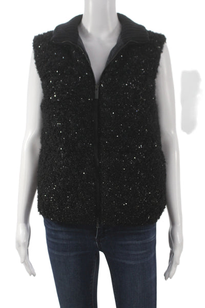Fabiana Filippi Womens Black Mohair Puffer Jacket Sparkly Size 2XS
