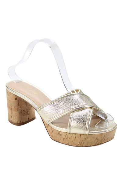 Veronica Beard Womens Block Heel Metallic Cross Strap Sandals Gold Size 7.5