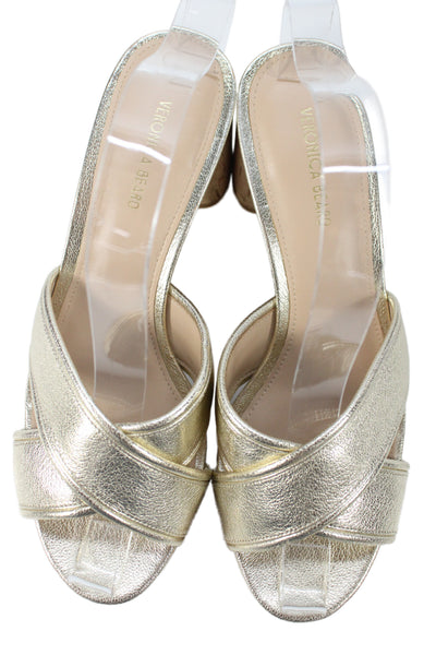 Veronica Beard Womens Block Heel Metallic Cross Strap Sandals Gold Size 7.5