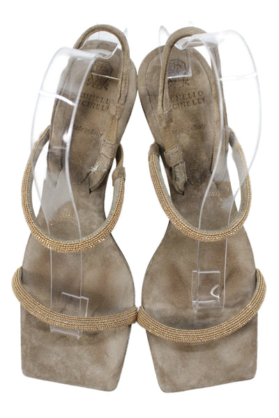 Brunello Cucinelli Women Stiletto Monili Strap Slingback Sandals Brown Gold 37.5