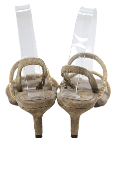 Brunello Cucinelli Women Stiletto Monili Strap Slingback Sandals Brown Gold 37.5