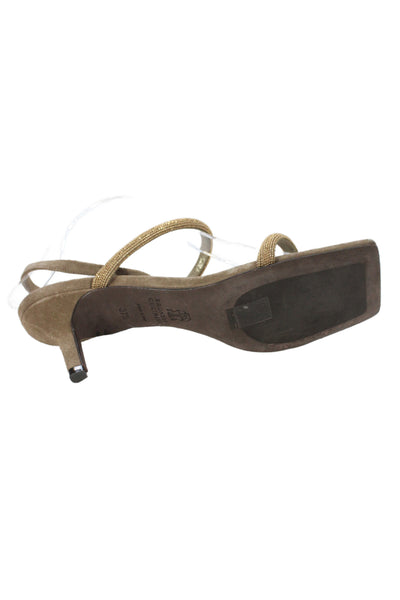 Brunello Cucinelli Women Stiletto Monili Strap Slingback Sandals Brown Gold 37.5