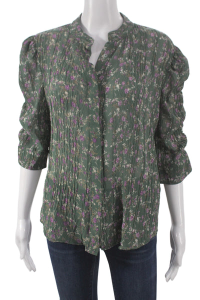 Muche Et Muchette Women Tunic Green Floral 3/4 Sleeve Collared Size One