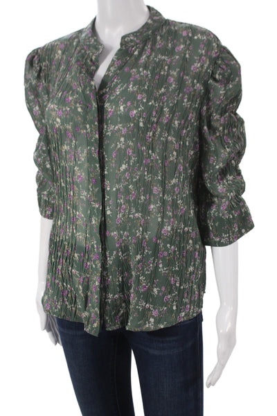 Muche Et Muchette Women Tunic Green Floral 3/4 Sleeve Collared Size One