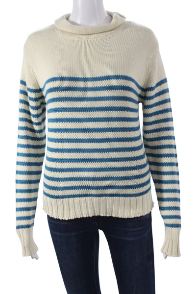 The Westside Womens Cowl Neck Striped Pullover Sweater Blue Cotton Size M