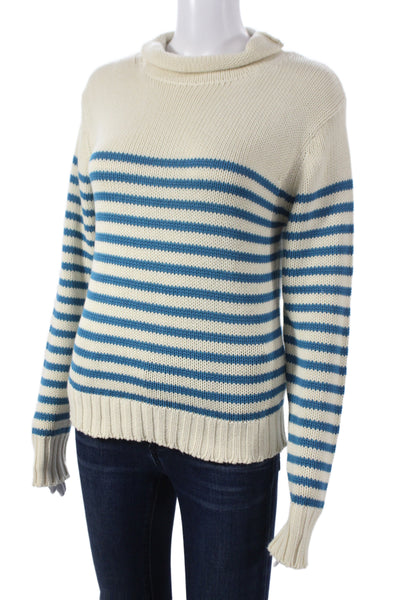 The Westside Womens Cowl Neck Striped Pullover Sweater Blue Cotton Size M
