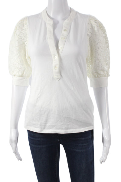 Veronica Beard Women White Jersey T-Shirt 3/4 Sleeve Henley Cotton Size XS