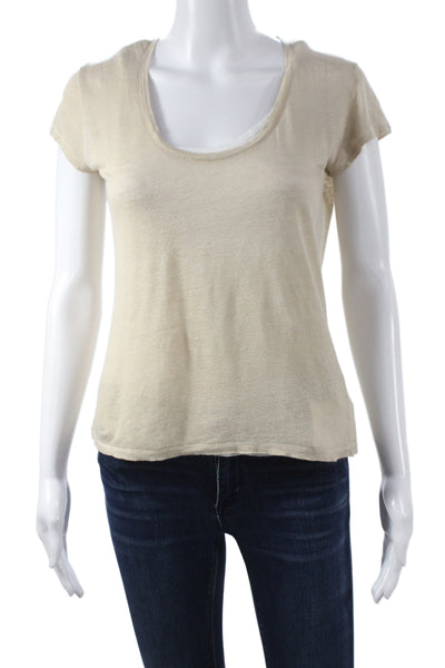 Majestic Filatures Womens Beige Linen Scoop Neck T-Shirt Short Sleeve Size 2