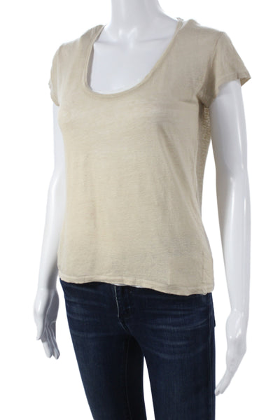 Majestic Filatures Womens Beige Linen Scoop Neck T-Shirt Short Sleeve Size 2